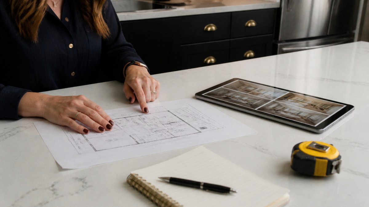Checklist infographic for items to bring to an interior design consultation, including floor plans and room photos.