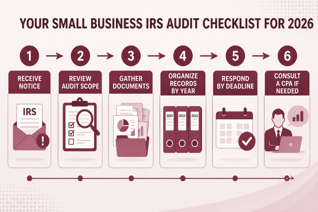 Flowchart showing the small business IRS audit preparation sequence: Step 1 receive notice, Step 2 review audit scope, Step 3 gather documents, Step 4 organize records by year, Step 5 respond by deadline, Step 6 consult a CPA if needed