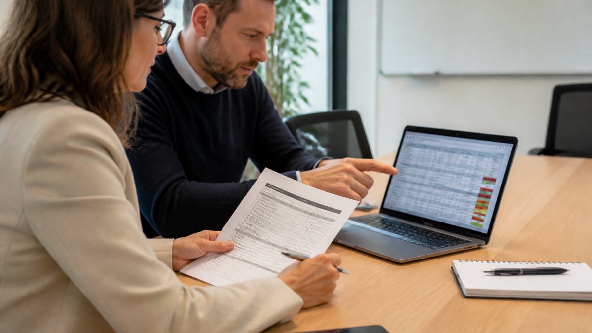 A compliance manager and IT lead in a bright conference room reviewing a printed audit checklist and pointing at a laptop screen showing a risk register