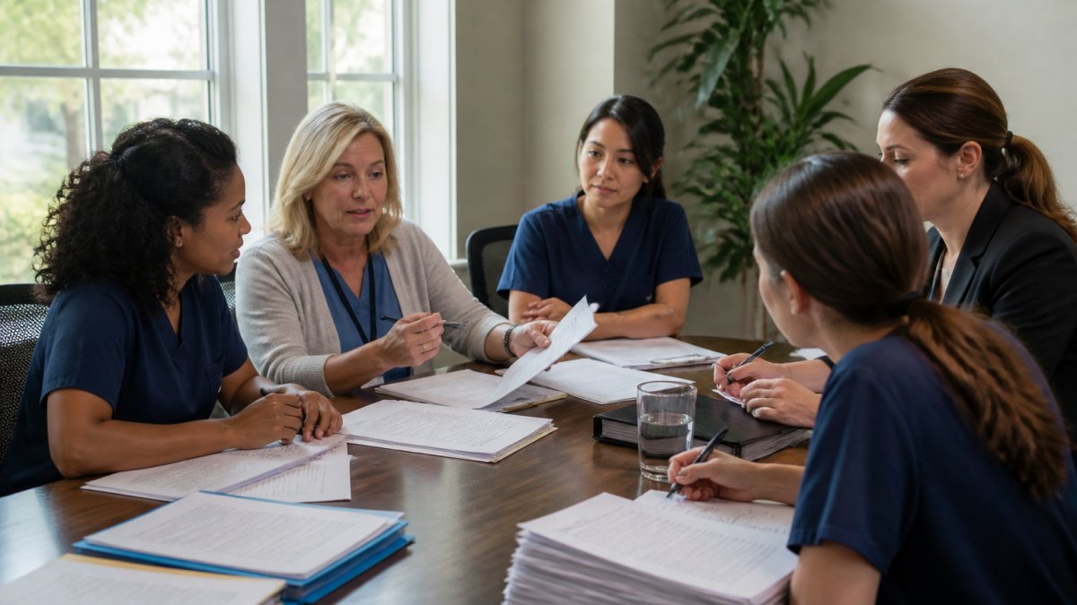 Care staff and administrator reviewing policy documents for an assisted living survey in a meeting room