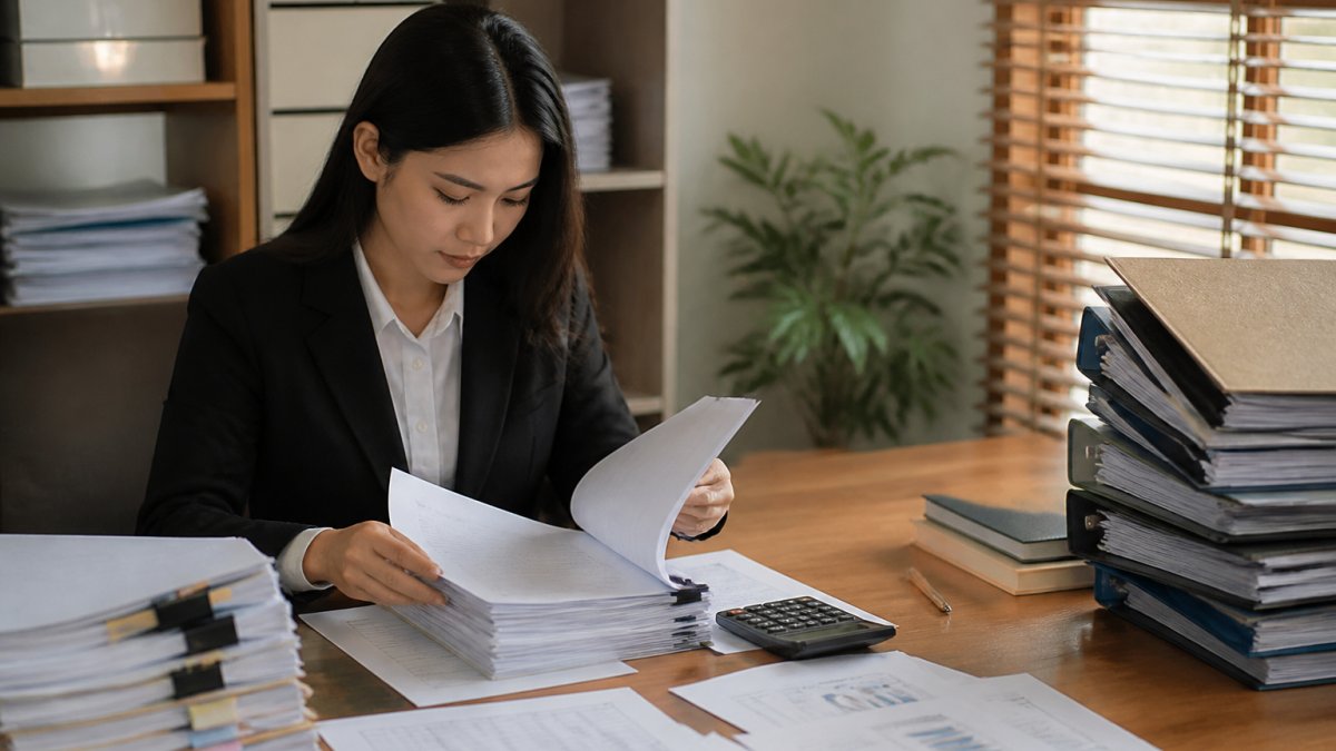 Professional accountant organizing financial documents and folders on desk with computer and calculator, natural office lighting
