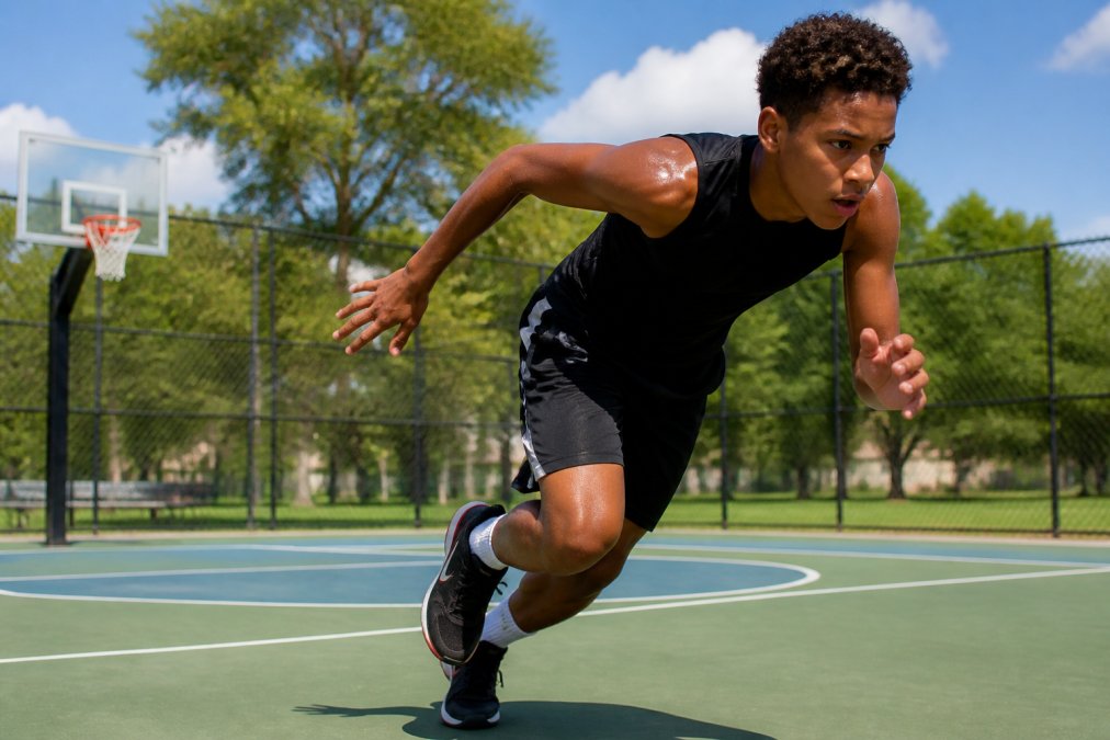 Young basketball player in mid-stride during sprints on outdoor court, sweat visible, athletic posture showing explosive movement and conditioning intensity