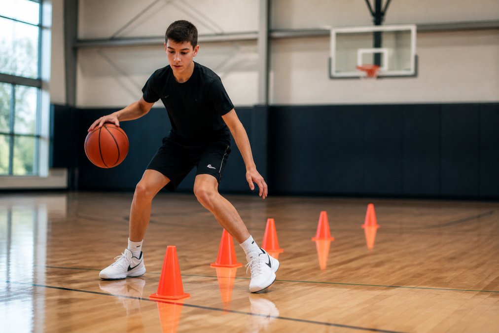 Basketball player executing ball-handling drill with cones arranged on court, demonstrating footwork, control, and agility during skill practice with focused concentration