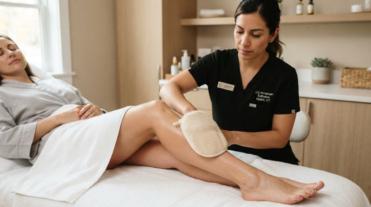 Professional demonstrating gentle exfoliation technique on skin with soft exfoliating mitt in modern spa setting with natural lighting