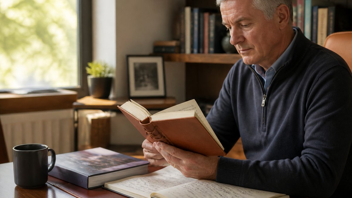 Executive reviewing notes in a home office to prepare for c-suite interviews in the morning light.