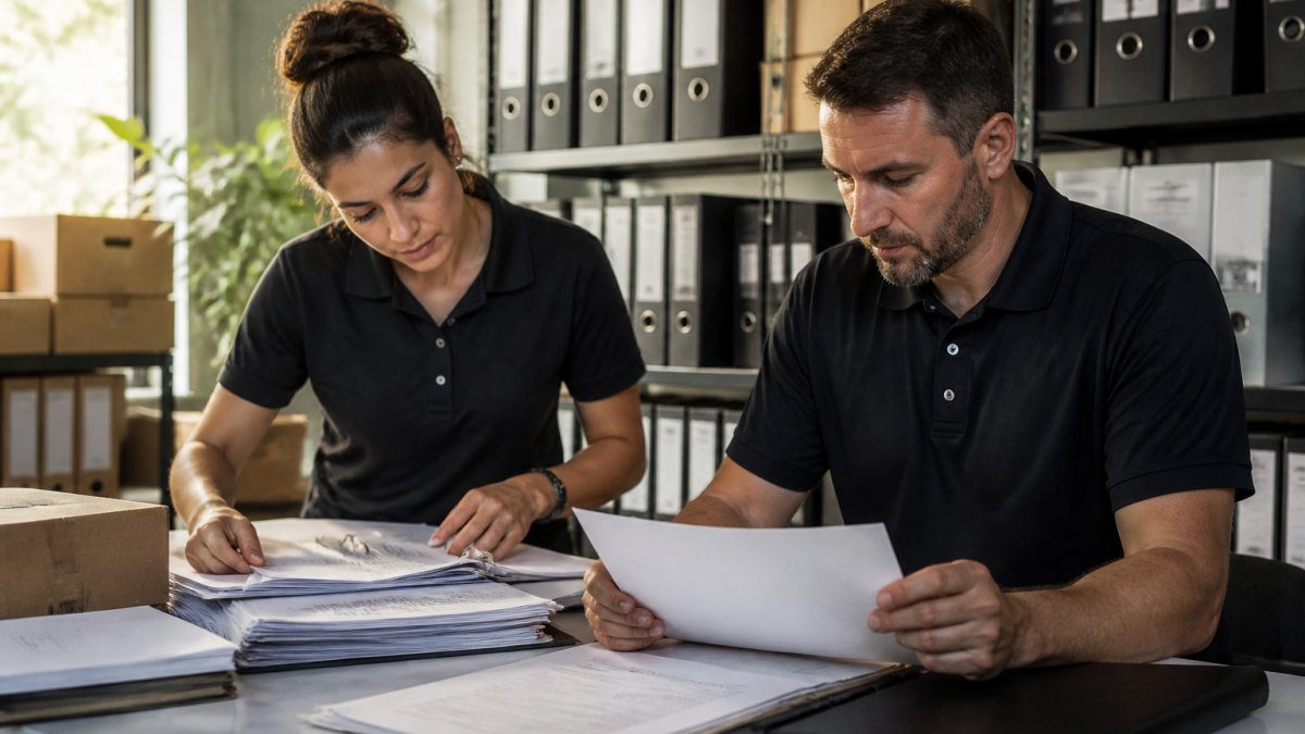 Cannabis facility compliance officer organizing detailed audit documentation and records in organized filing system with labeled folders and digital records visible on desk