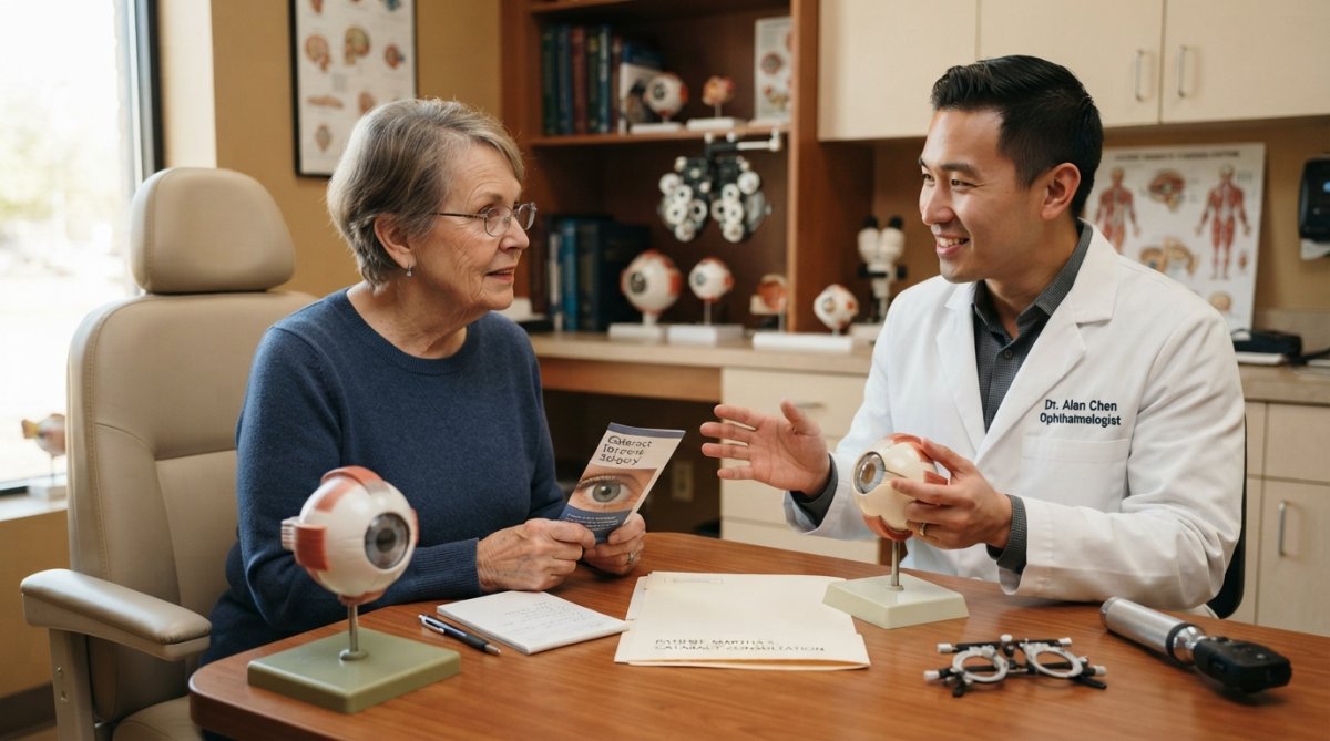 Patient sitting in an examination chair while an ophthalmologist uses a slit lamp to examine their eye during a vision assessment in a modern clinical setting with soft lighting