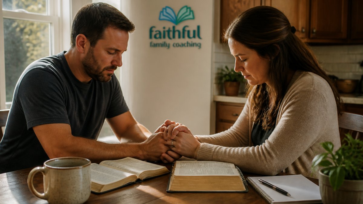 A couple sitting at a kitchen table with open Bibles and a notebook, holding hands in prayer, warm morning light streaming through a window