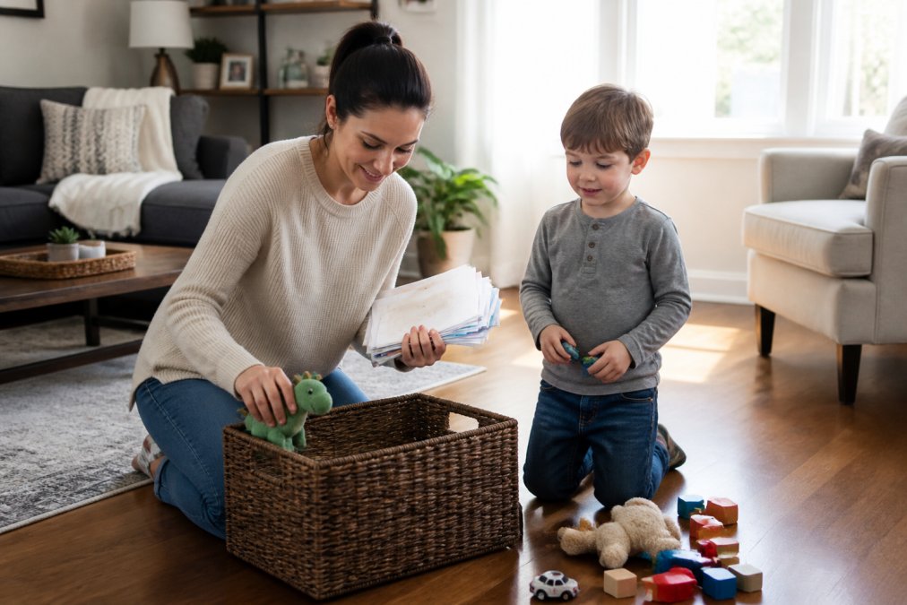 A homeowner in a bright living room placing toys and mail into a woven storage bin, clear hardwood floors and tidy surfaces visible behind them
