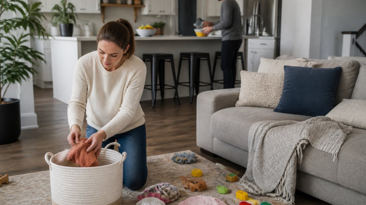 A person in a bright living room picking up toys and stray clothes into a laundry basket while a kitchen counter in the background is cleared of dishes and clutter