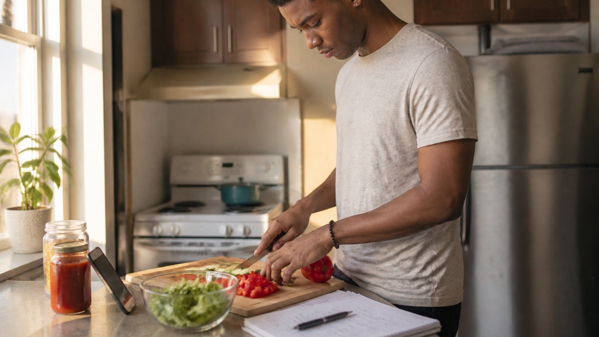 A young adult standing in a small apartment kitchen following a recipe on a phone propped against a jar, with chopped vegetables and a notebook budget list on the counter nearby