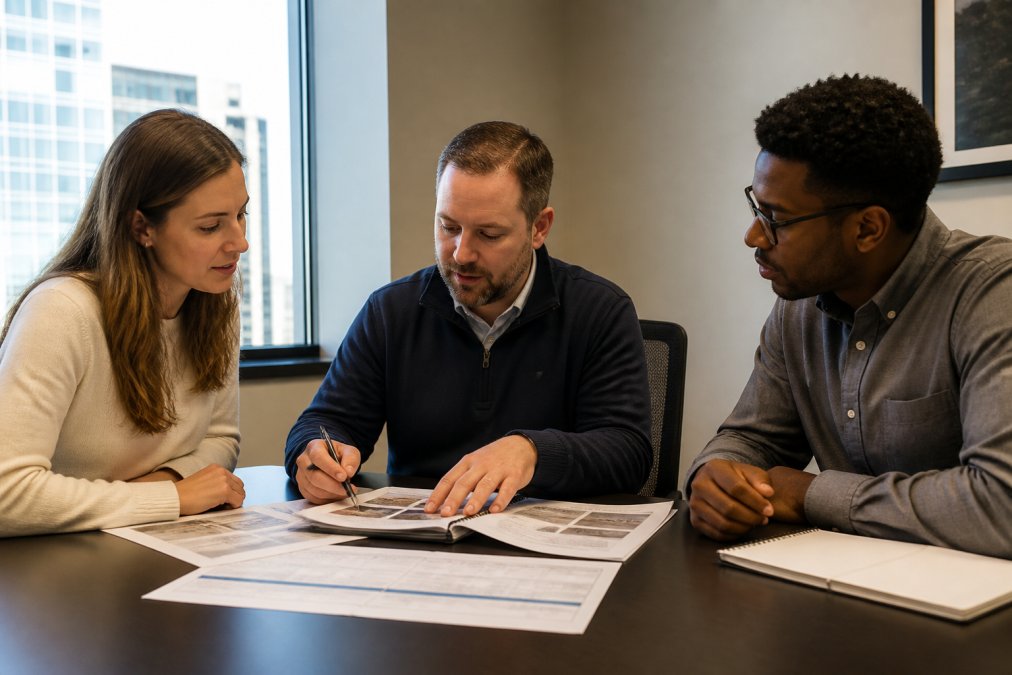Property manager reviewing detailed communication plan documents with building occupants in a commercial building conference room, with printed materials and timeline visible on the table