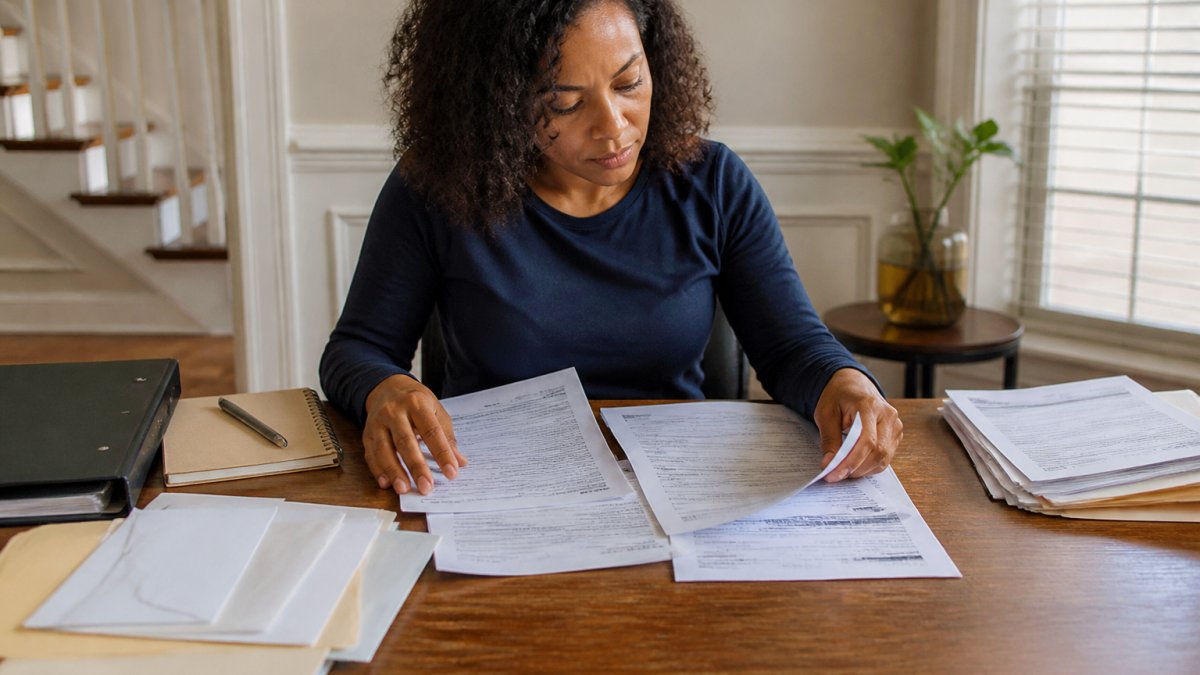 Person organizing important documents and records on a desk, including bank statements, contracts, and correspondence, preparing for court with natural lighting
