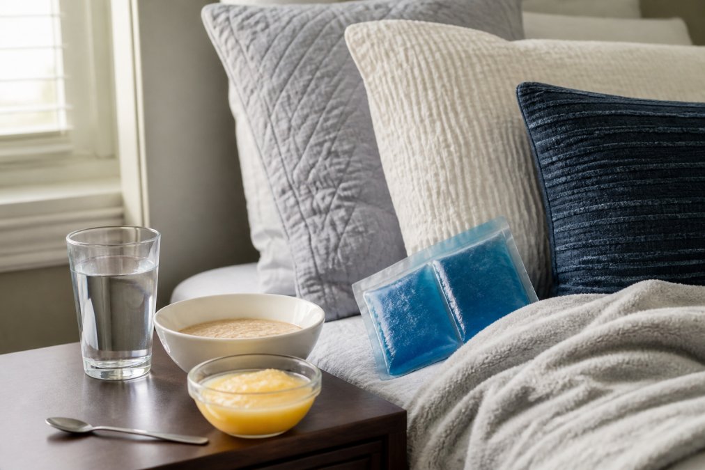 Comfortable home recovery setup with soft pillows, ice pack, water glass, and soft food on bedside table in natural bedroom lighting