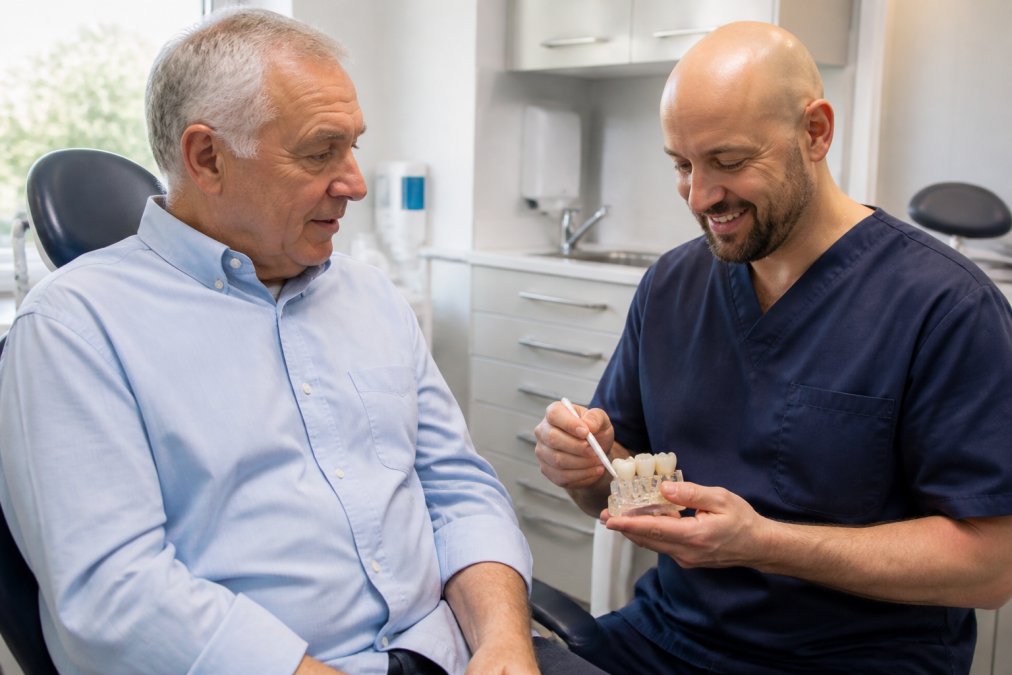 Patient sitting in a dental chair during a consultation, reviewing pre-surgery instructions with a dentist in a calm, professional clinical setting with soft lighting