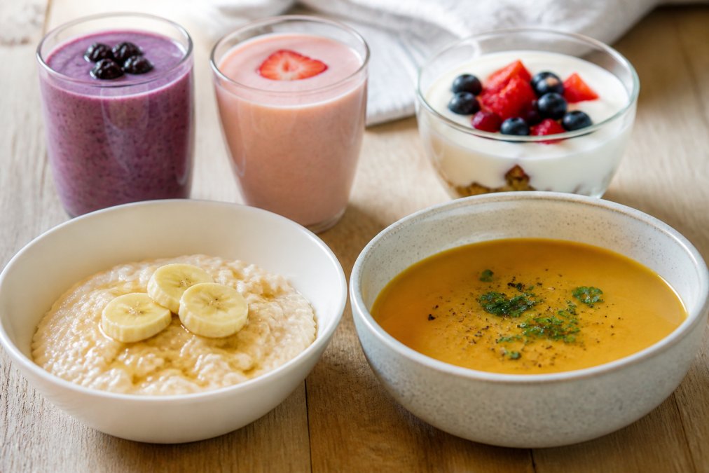 Close-up of soft foods arranged on a table: smoothies in glasses, creamy porridge in a bowl, yoghurt with berries, and warm soup in a ceramic bowl, showing nutritious recovery meal options