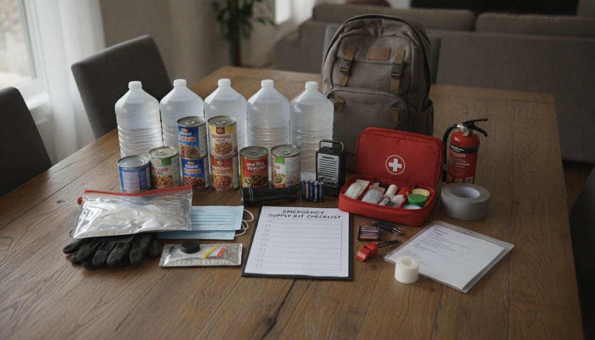 Neatly organized emergency supply kit spread across a wooden kitchen table, showing labeled water bottles, canned goods, a red first aid kit, handheld flashlight, batteries, emergency radio, and folded mylar blankets under warm indoor lighting