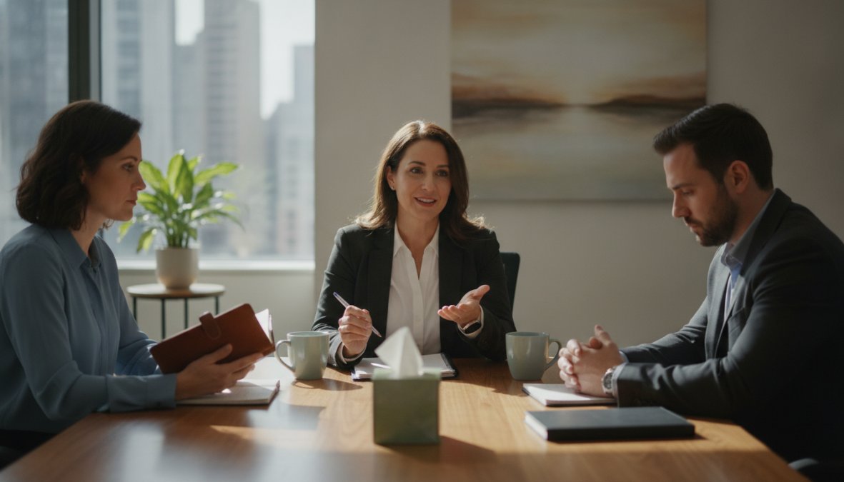 Two people sitting across from each other in a calm, neutral mediation room with a mediator present, demonstrating respectful communication