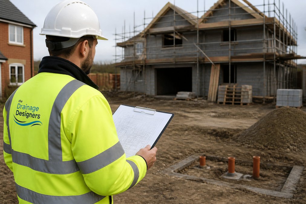 Drainage engineer reviewing site plans on a residential plot during drainage planning