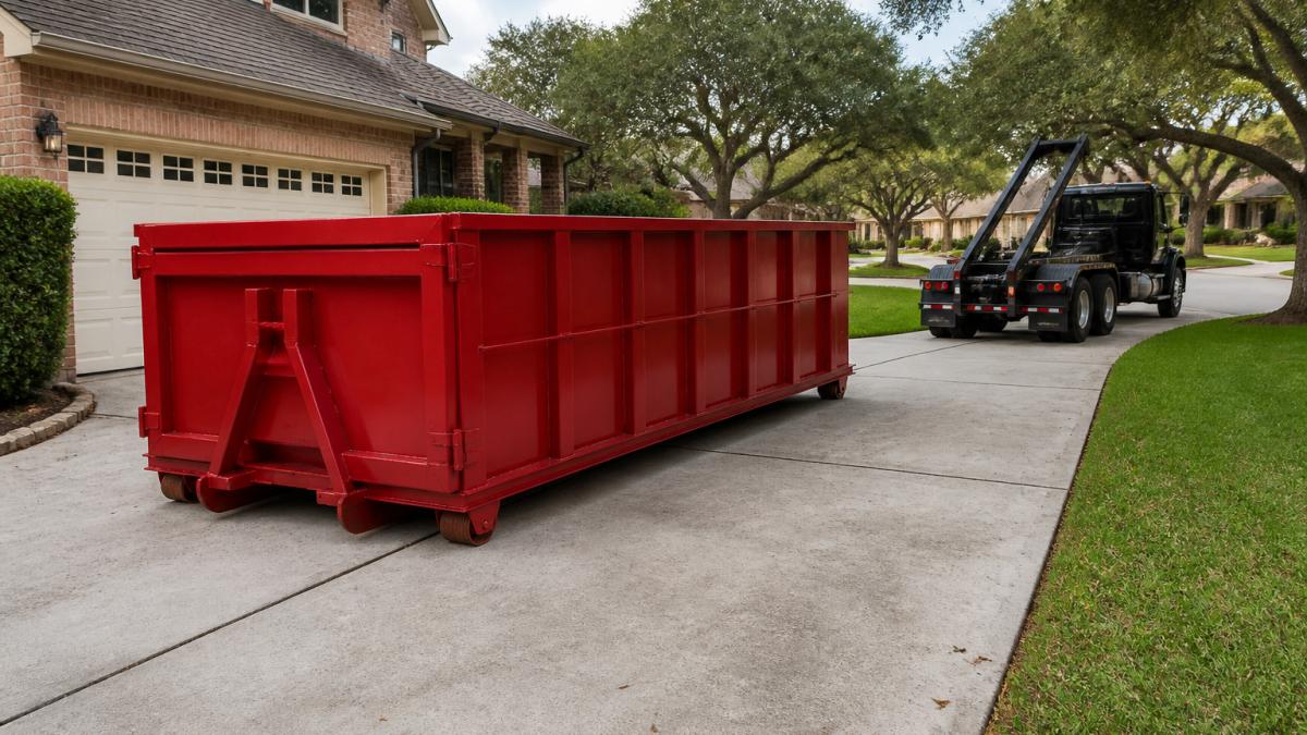 Professional dumpster positioned on a flat, level concrete driveway with clear access space and delivery truck visible in background