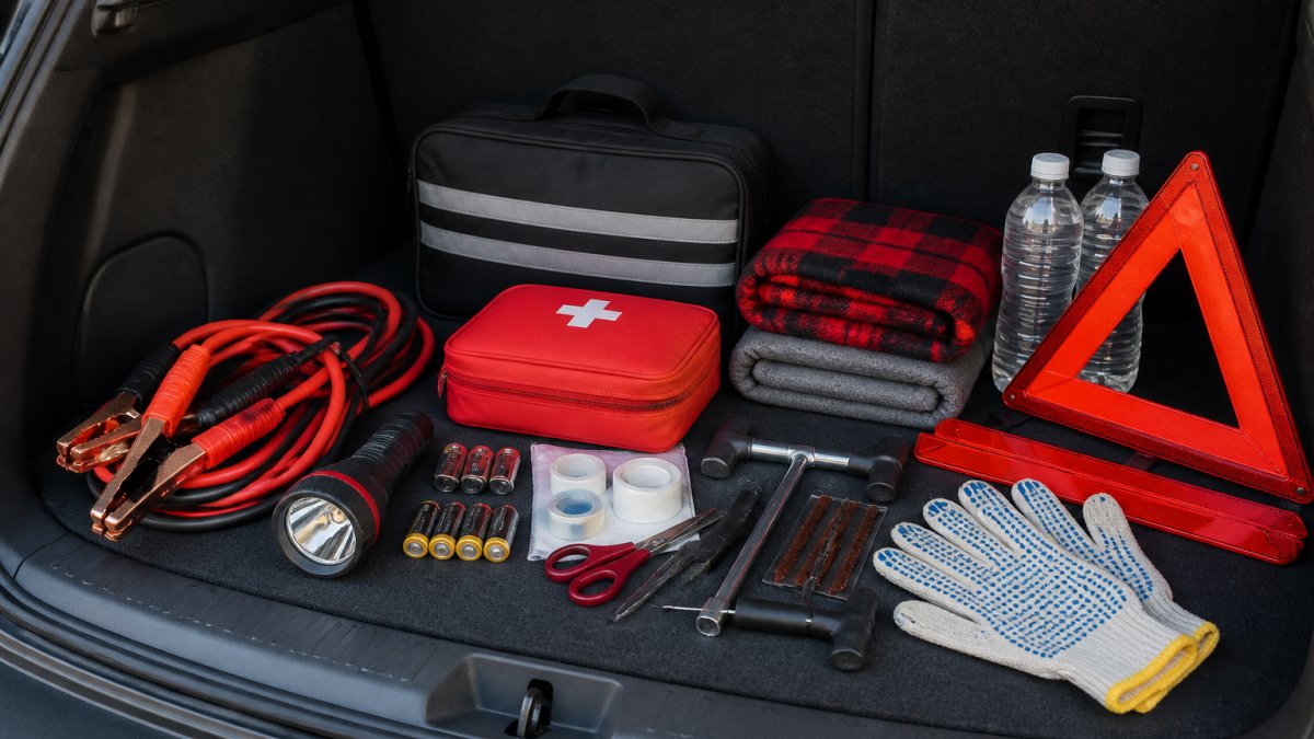 Organized roadside emergency kit laid out on vehicle trunk showing jumper cables, flashlight with batteries, first-aid supplies, reflective triangles, blankets, tire repair tools, work gloves, and water bottles arranged neatly