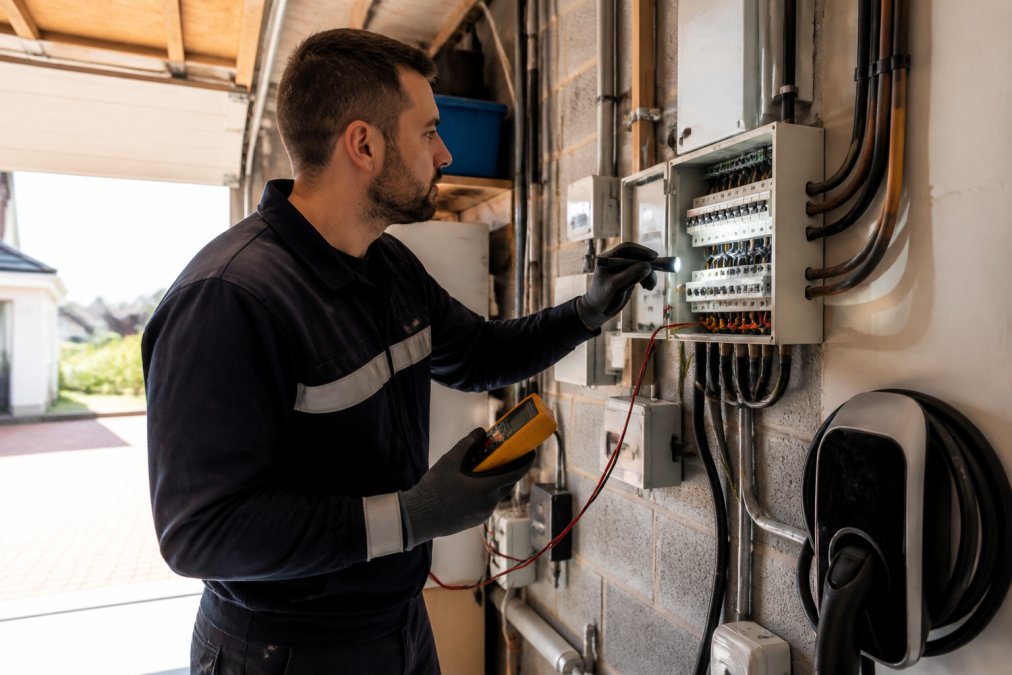 A qualified electrician in work clothes inspecting a home consumer unit with a torch and testing equipment, in a garage utility setting with natural daylight