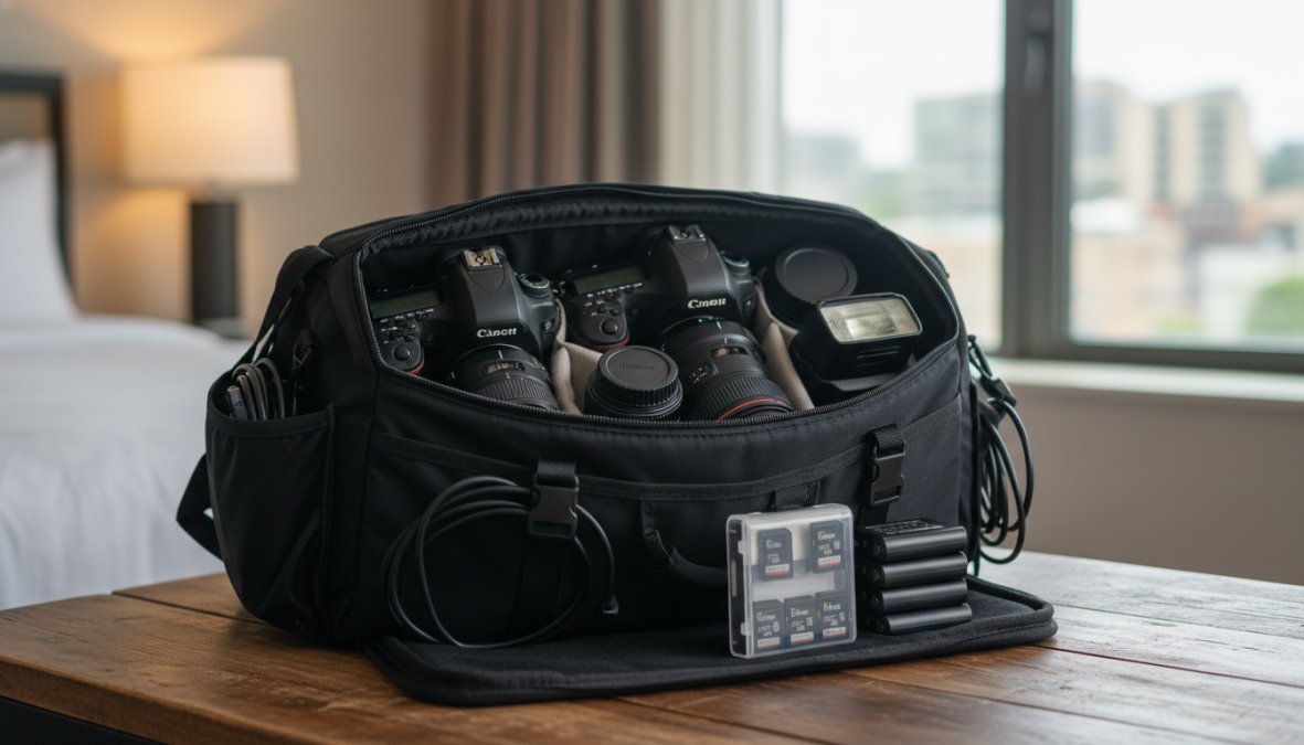 A professional photographer's open gear bag laid out on a table, showing two camera bodies, several zoom and prime lenses, an on-camera flash with a white diffuser attached, stacked spare batteries, and multiple labeled memory cards organized in a card wallet, photographed under warm studio lighting