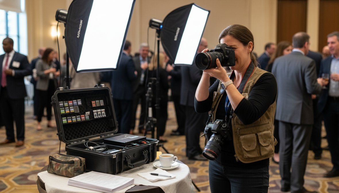 A photographer at a corporate event venue capturing candid moments of attendees networking near tall cocktail tables, with warm ambient lighting visible overhead and a second camera body hanging from a shoulder strap across the photographer's chest