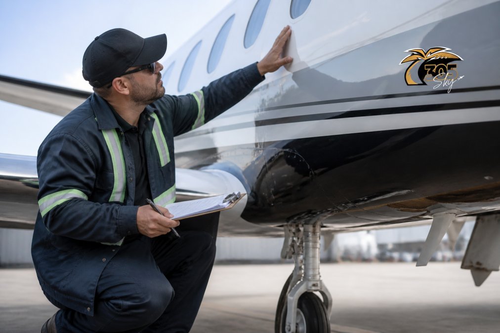 Designated Airworthiness Representative or FAA inspector conducting a thorough visual inspection of aircraft exterior, examining fuselage panels, wing surfaces, and structural components with clipboard in hand