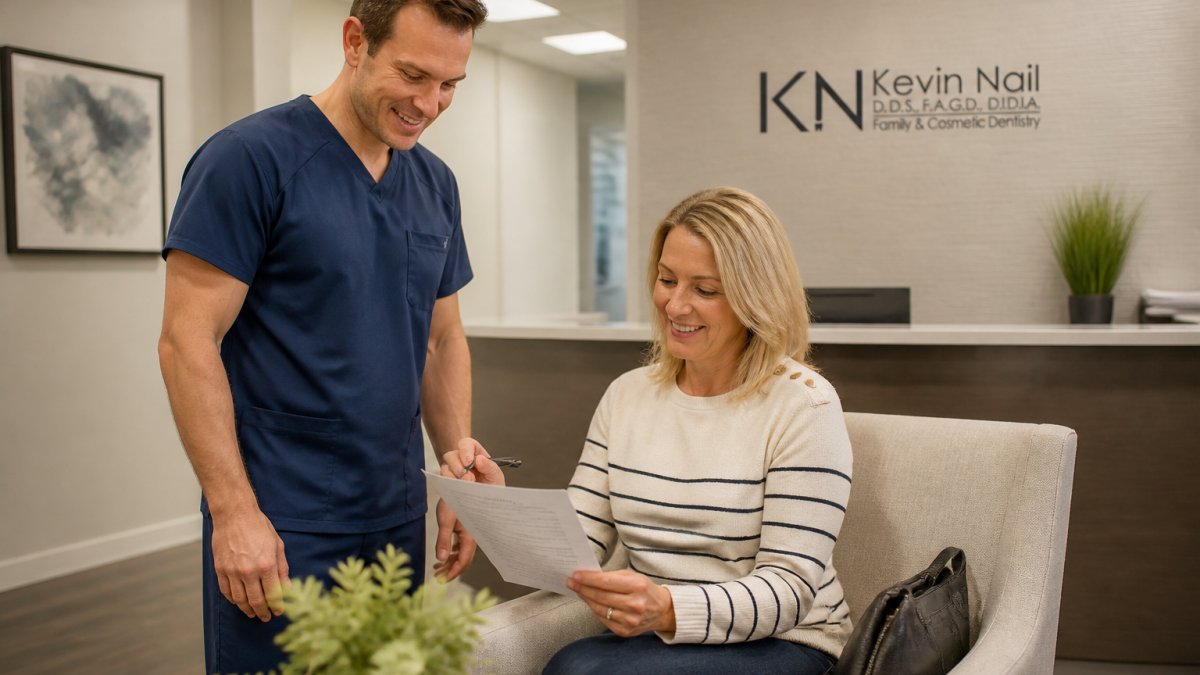 Patient reviewing a checklist with staff before their flapless dental implant procedure in a clinic