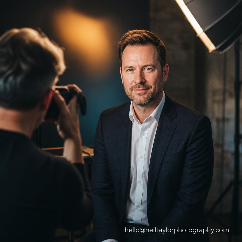 Professional demonstrating confident posture and natural facial expression in studio setting with soft professional lighting, shoulders angled toward camera, relaxed jaw, and engaging eye contact