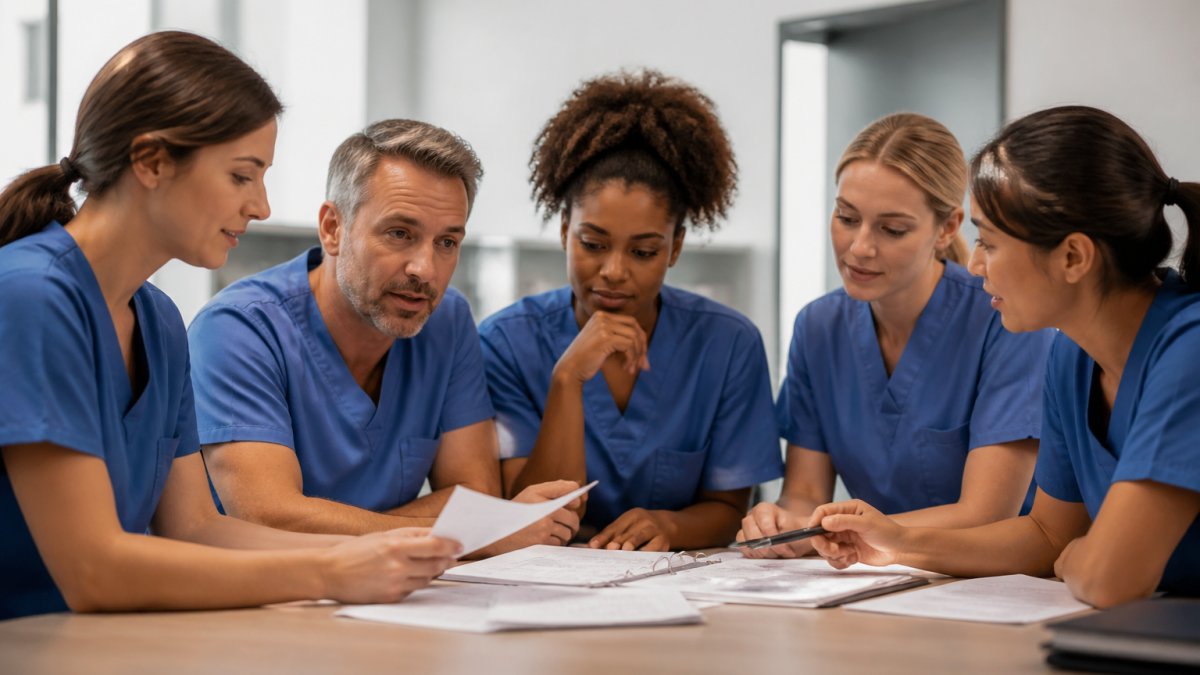Professional healthcare staff members in scrubs gathered around a table in a clinical setting, reviewing survey preparation documents and discussing procedures with engaged expressions