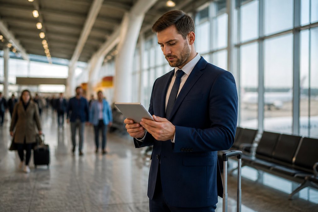 A professional candidate in smart attire reviewing notes on a tablet while standing in a bright, modern airport terminal with travellers moving in the background