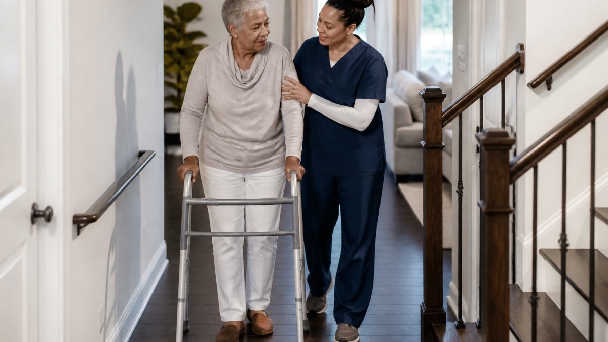 Caregiver assisting an older adult using mobility aids in a clutter-free home to support home care after hospital discharge.