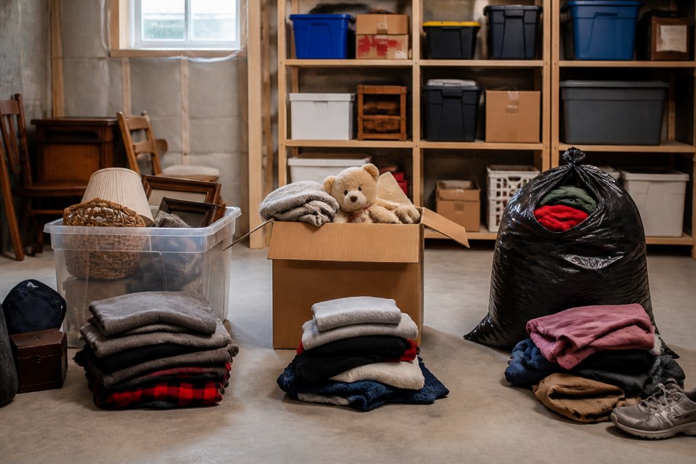 Organized basement or garage space with labeled boxes and piles clearly separated into keep, donate, and discard sections, showing systematic sorting in progress with natural lighting