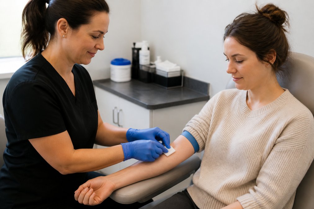 Healthcare professional preparing a patient's arm for blood draw in a calm clinical setting with proper lighting and comfortable seating