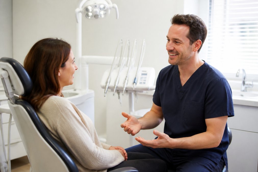 Reassuring dentist speaking with a calm patient as they prepare for implants in a modern, bright clinical dental surgery.