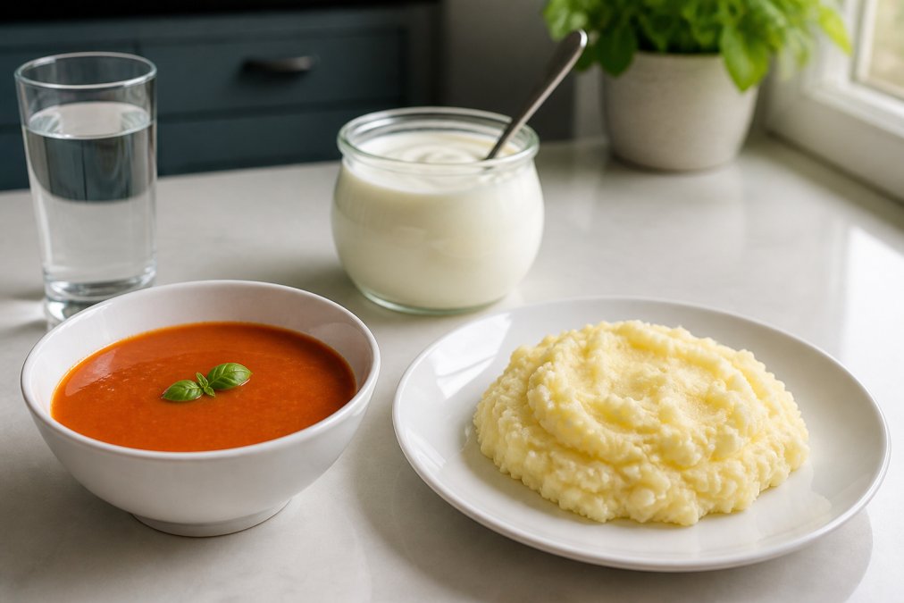 A bowl of tomato soup, mashed potato and yoghurt to help you prepare for implants, set on a kitchen surface with water.
