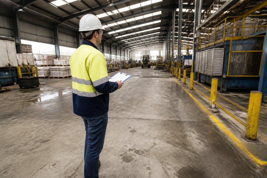 Facility manager or supervisor walking through an industrial warehouse space, clipboard in hand, inspecting equipment and concrete floor areas before cleaning service, natural overhead lighting