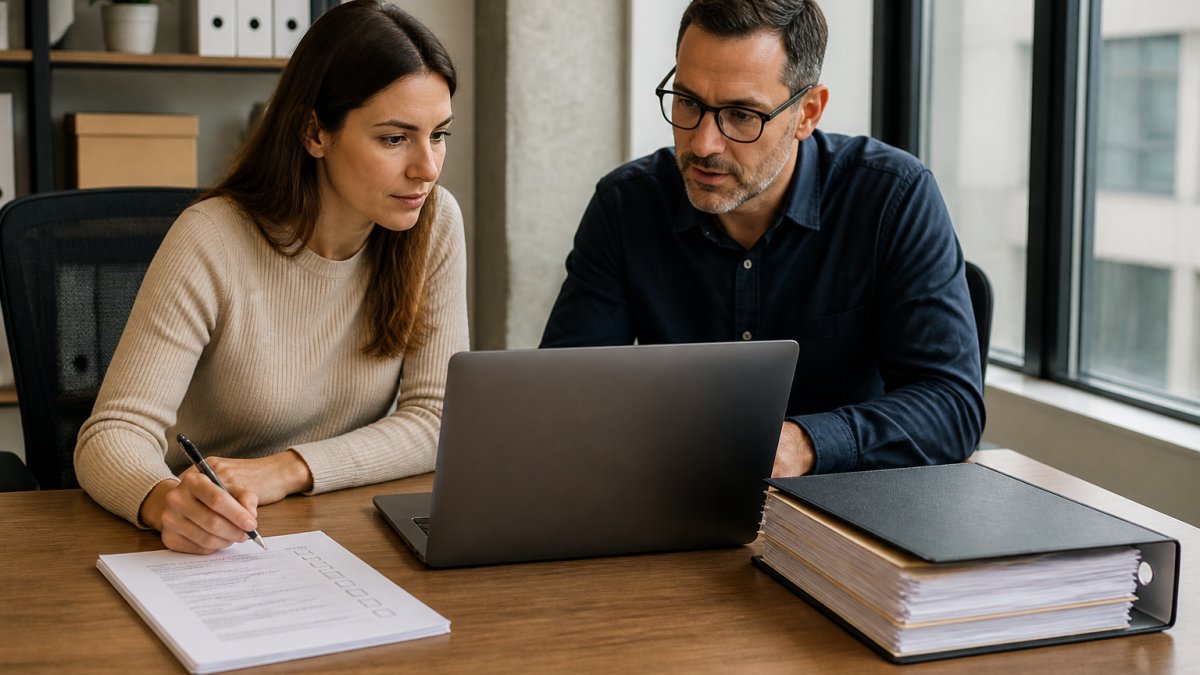 A founder and a finance lead reviewing documents on a laptop in a bright office, with a printed checklist and a folder of files on the desk beside them