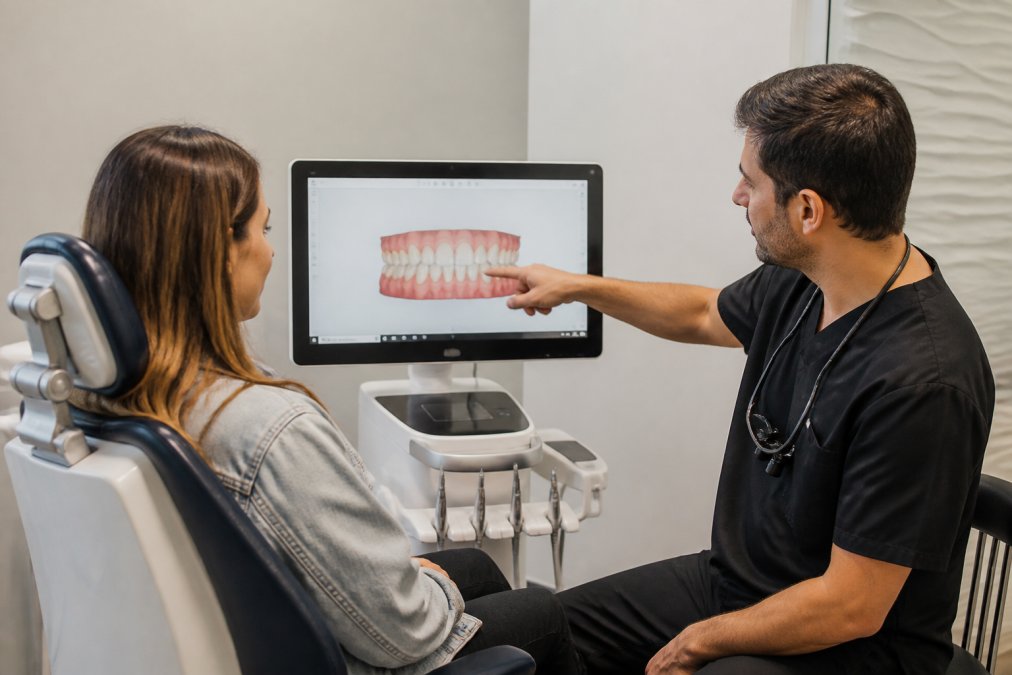 A dentist showing a patient a 3D digital scan on a monitor screen during an orthodontic consultation, both looking at the display together in a modern, well-lit dental office