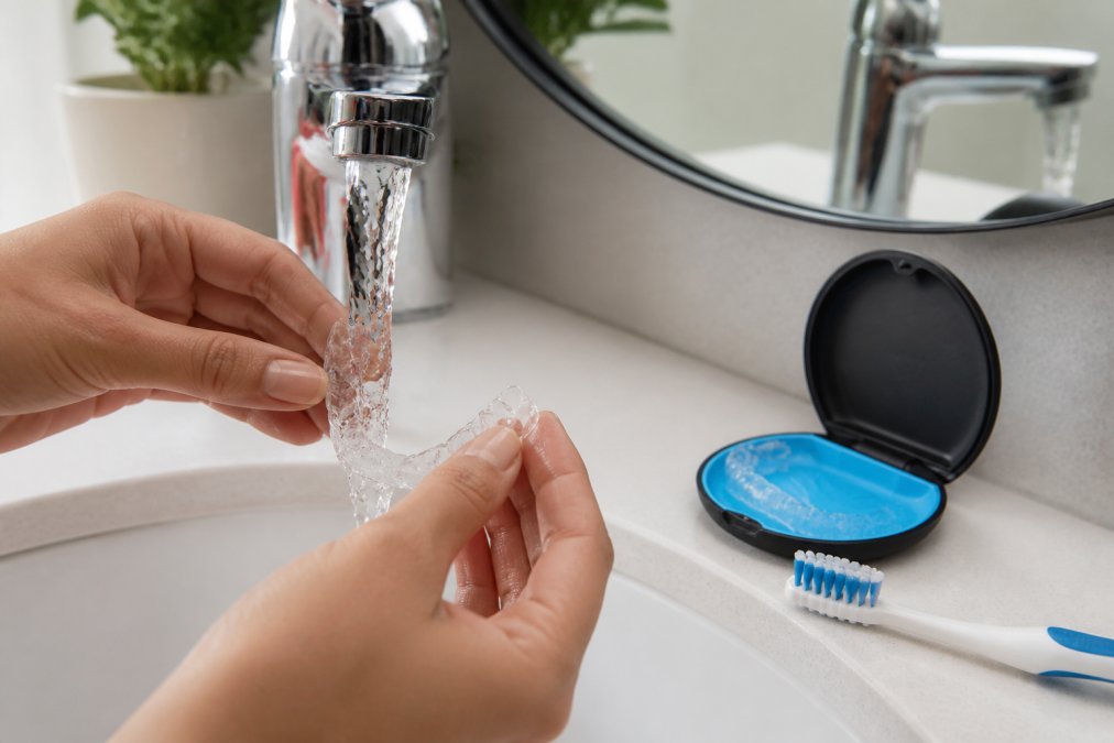 Close-up of a person rinsing clear dental aligners under running water at a bathroom sink, with a soft toothbrush and aligner storage case visible on the counter nearby