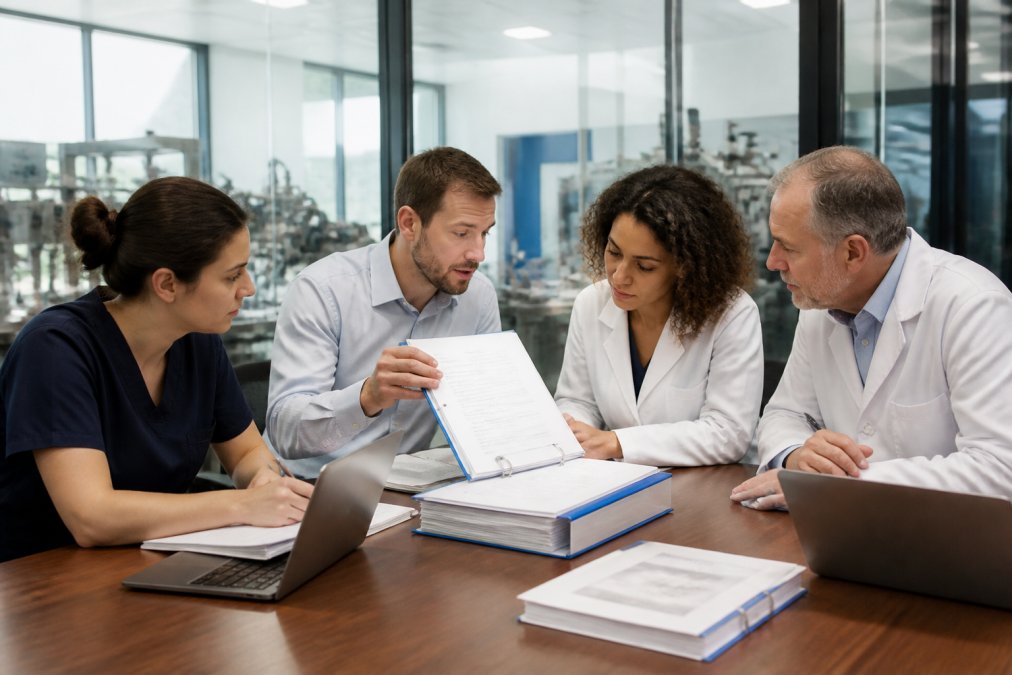 Medical device company team members in a professional training session, gathered around a conference table reviewing ISO 13485 documentation and quality procedures together, with procedure manuals and laptops visible in a bright, modern meeting room