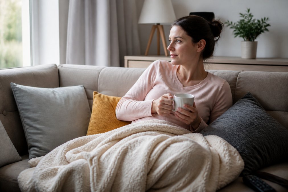 Woman resting comfortably on a sofa at home with supportive cushions and soft blankets, demonstrating a well-prepared recovery space with natural daylight