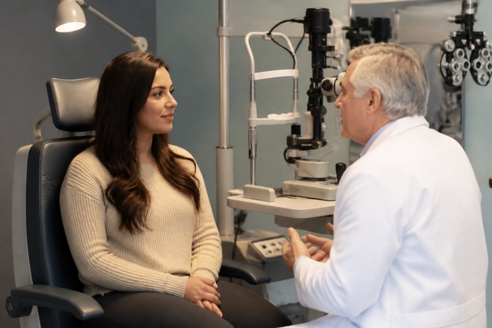 A calm, confident patient sitting in a modern eye exam chair while an ophthalmologist reviews corneal topography scans on a screen beside them, soft clinical lighting