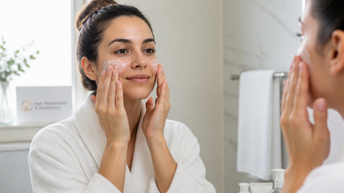 Person applying gentle moisturizer to face with clean hands, showing proper skincare technique in a bright bathroom setting