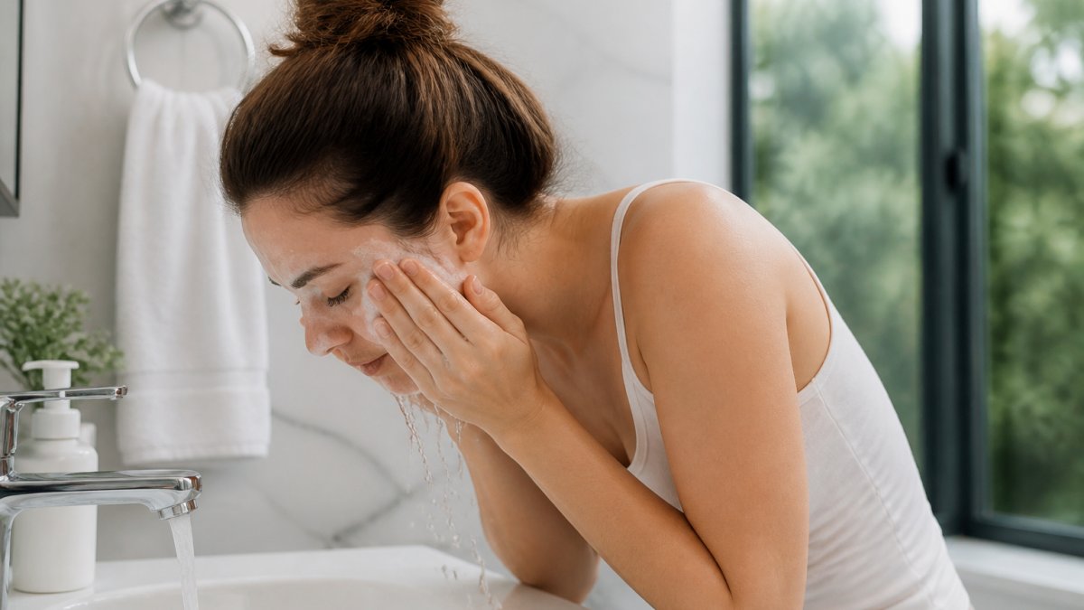 Person gently cleansing their face with mild soap to prepare for microneedling in a bright, clean bathroom.