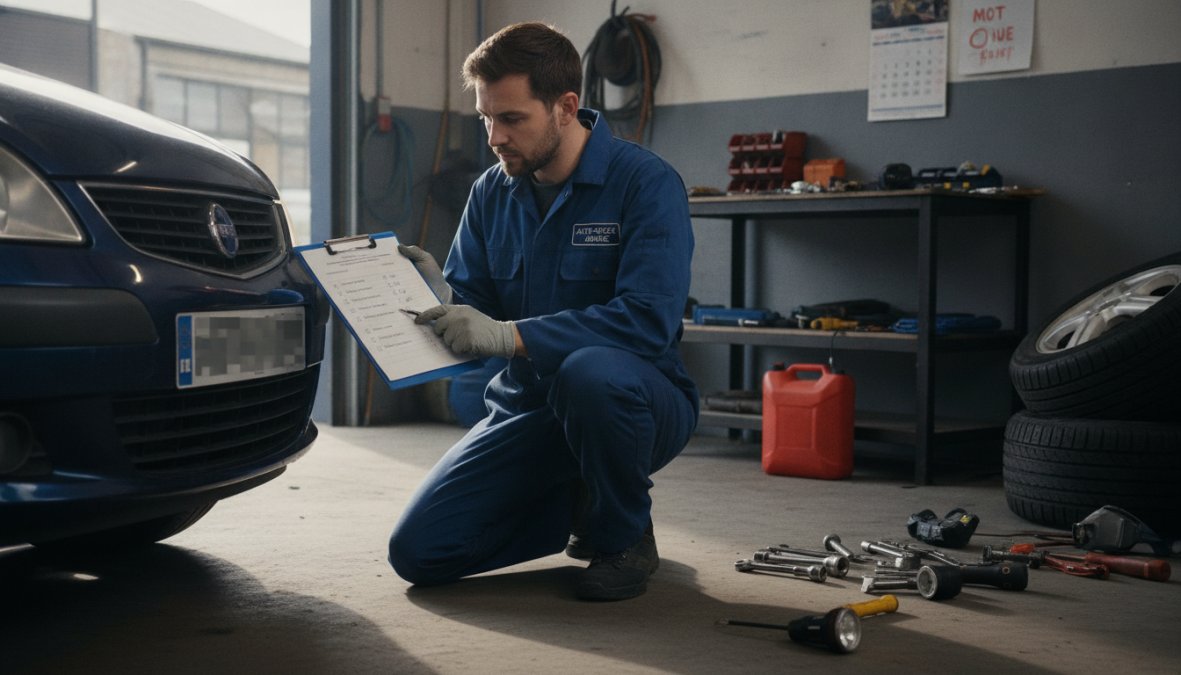 Mechanic performing visual inspection of a car's headlights and brake lights during pre-MOT check in a well-lit garage
