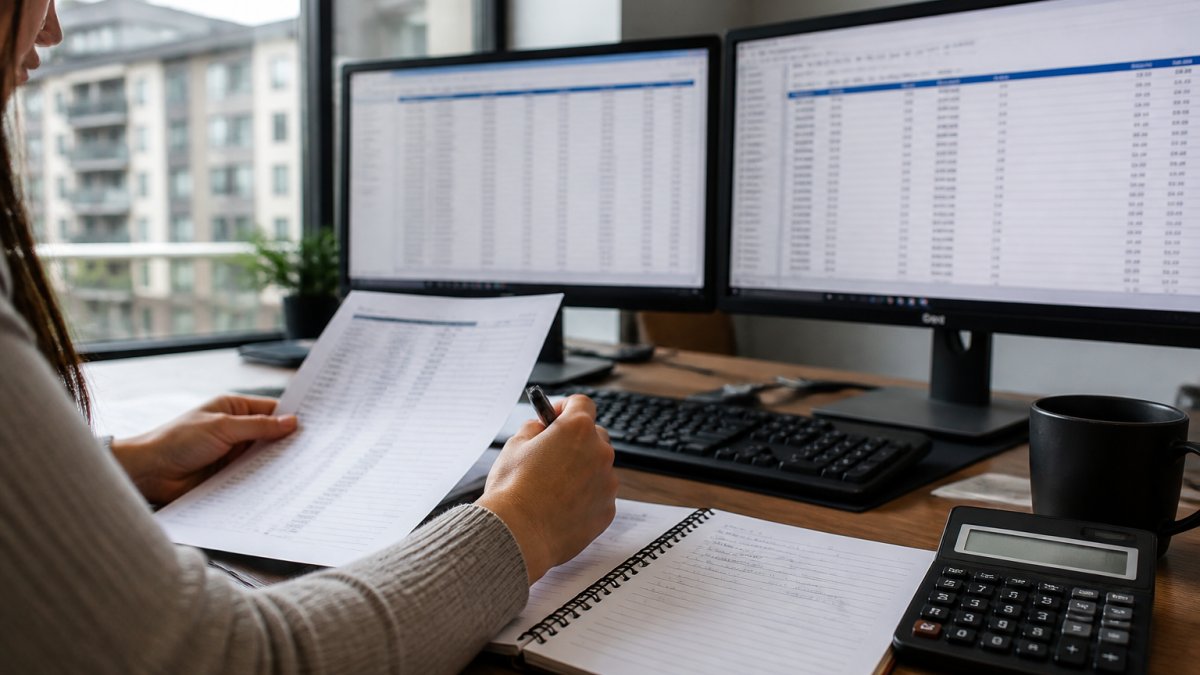 Property accountant reviewing transaction records for multifamily property audits on dual monitors