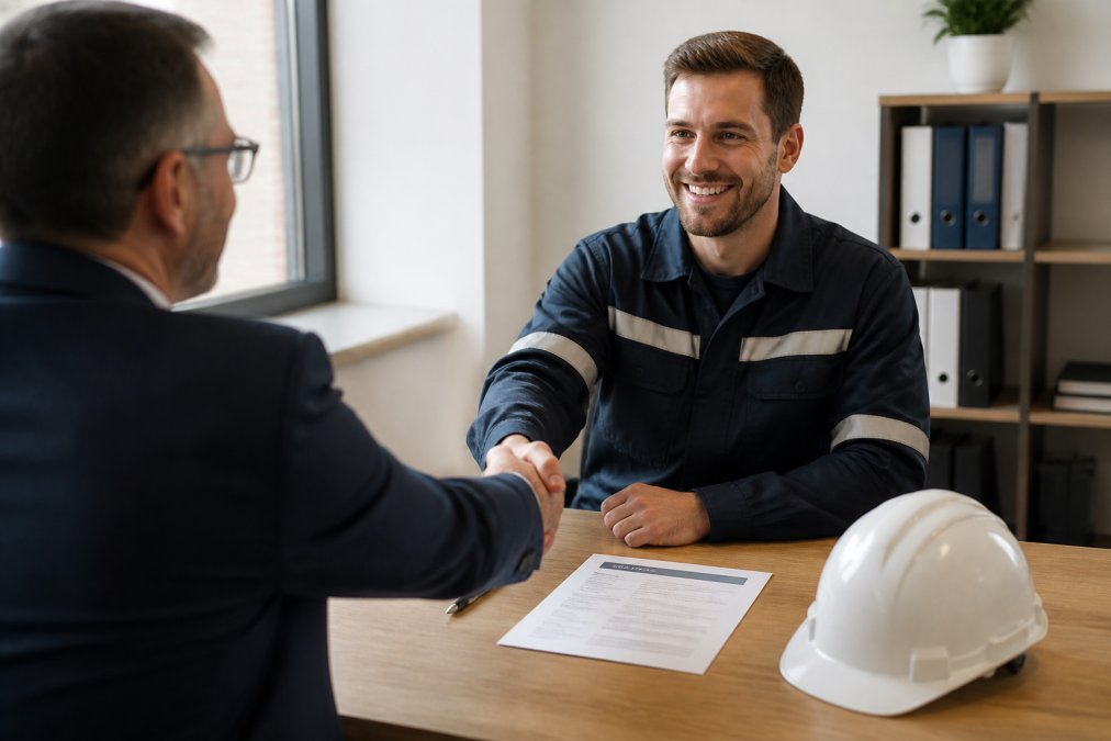 A candidate in smart workwear shaking hands with an interviewer across a desk in a bright office, a CV and a white safety helmet on the table between them